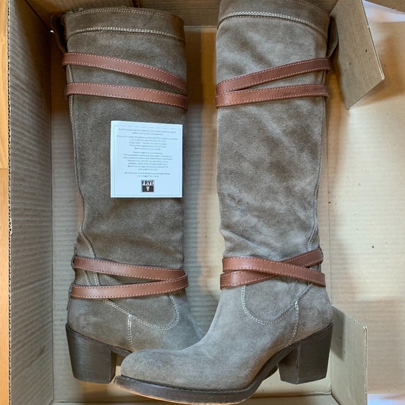 FRYE Strappy Jane Tall Boots Size 7 Gray Suede - Picture 1 of 14